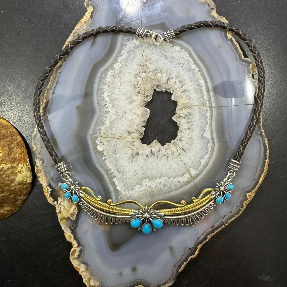 Carolyn Pollack Sterling & Brass 9 Turquoise Brown Braided Leather Necklace